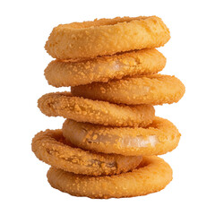 Stack of crispy onion rings, golden brown, isolated on white background, high detail