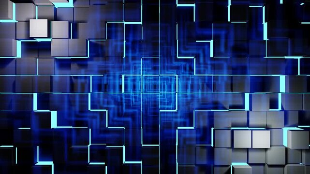 Metallic grey cubes with blue neon with illumination VJ loop background animation
