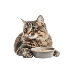 A cat sitting beside a food bowl
