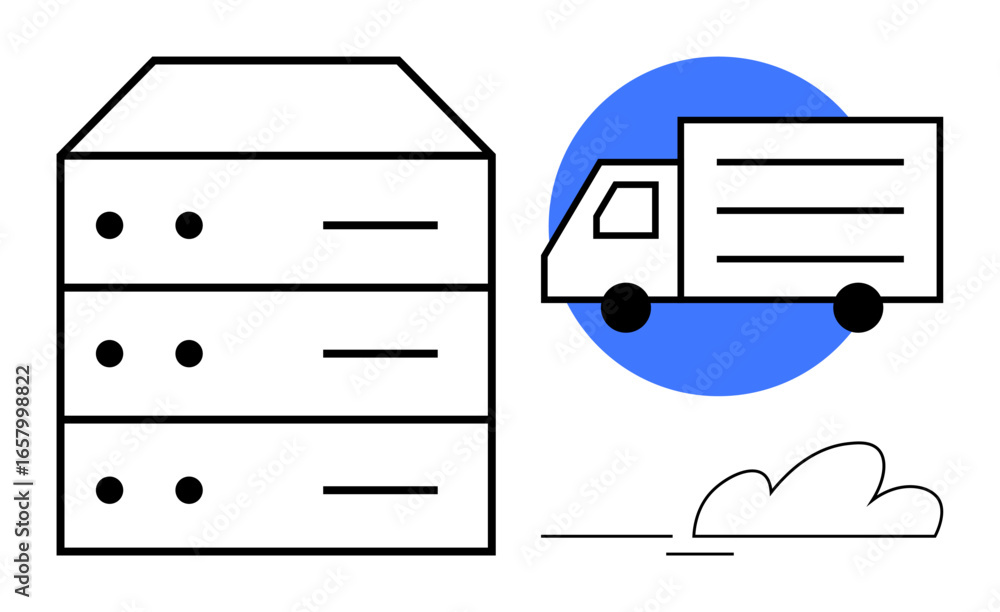 Aufkleber stack of servers and a truck with motion lines illustrating data migration, distribution, and cloud 