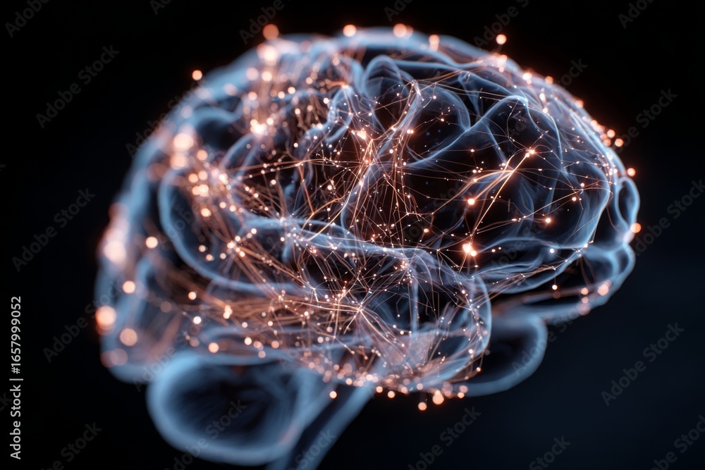 Poster a detailed visualization showcases a human brain composed of glowing threads and bright nodes, repre