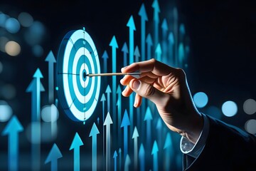 Achieving business goals concept with dart hitting target and growth arrows background design 92