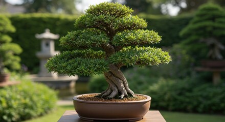 A bonsai tree with twisting branches, lush green foliage, and a dark brown pot, set in a serene garden setting