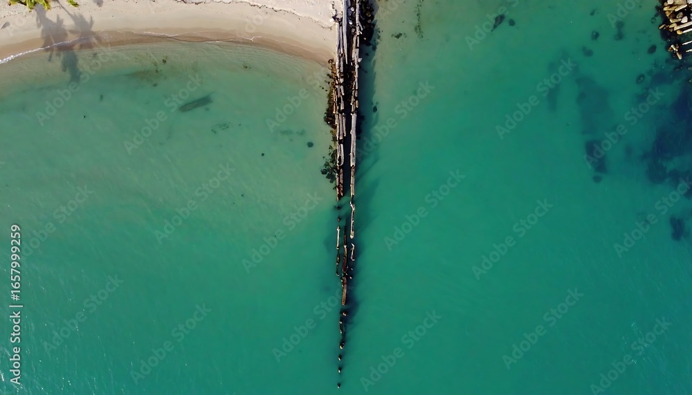Poster high-angle view of a turquoise coastal area with a pier structure extending into the water.