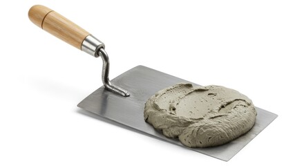 Metal trowel with a light gray-green mortar or plaster compound. Wooden handle. Isolated on white background