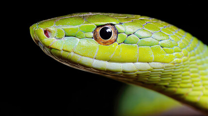 Close-up of a vibrant green snake showcasing intricate scales and vivid eyes