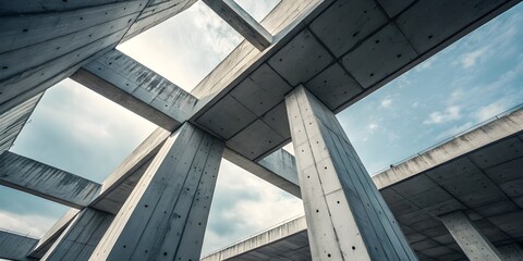 Obraz premium Looking up at a modern concrete structure against a blue sky