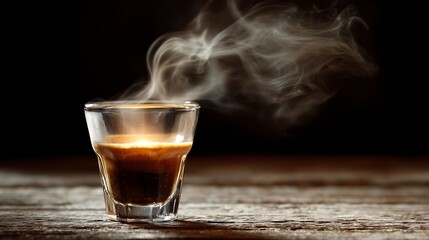 Warm espresso shot in a glass captures steam on a wooden surface at a cozy cafe setting during early morning hours