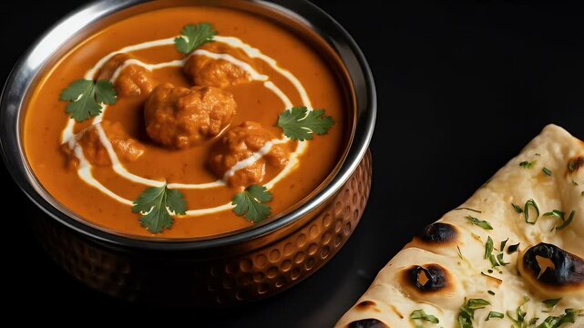 Delicious butter chicken and naan bread studio shot food photography