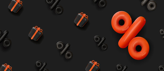 Super sale background. Promo background with realistic 3d cartoon style elements, orange big percentage sign. Gift box, percent symbols. Promotion banner, web poster. Vector illustration