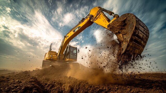 Excavator digging into soil during construction under a dramatic sky with clouds in a rural setting