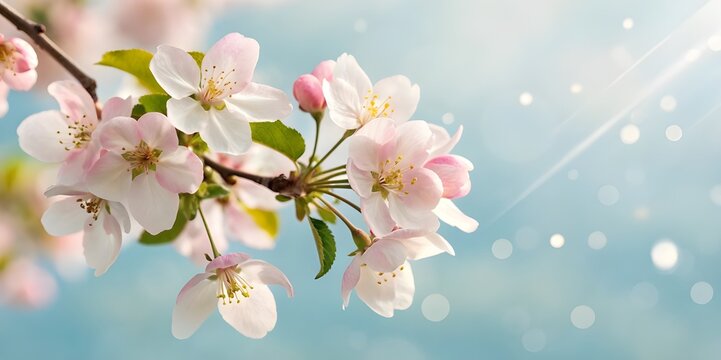 Closeup of delicate pink blossoms on a tree branch in springtime
