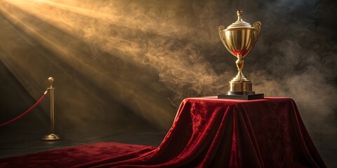 Golden trophy on a red velvet table with spotlight and smoke background