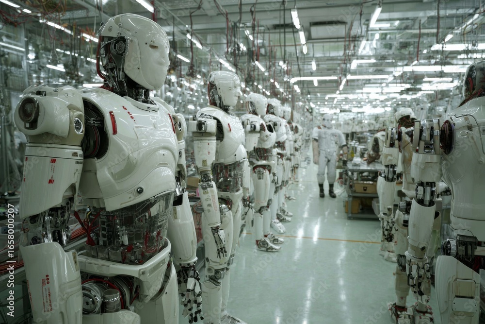 Poster humanoid robots stand in a row on an assembly line within a contemporary manufacturing facility. the