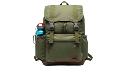Isolated Green Canvas Backpack with Water Bottle