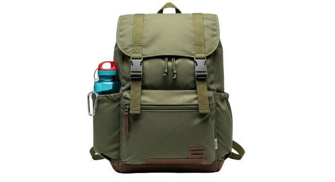 Isolated Green Canvas Backpack with Water Bottle