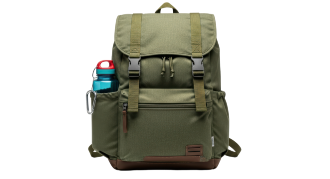 Isolated Green Canvas Backpack with Water Bottle - Powered by Adobe