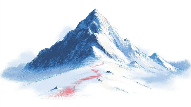  Cheerful crayon mountain with sharp snow-covered peak and thin ascending path isolated on white, employing red and blue hues, representing motivational hiking themes for inspirational poster ,design. - Powered by Adobe