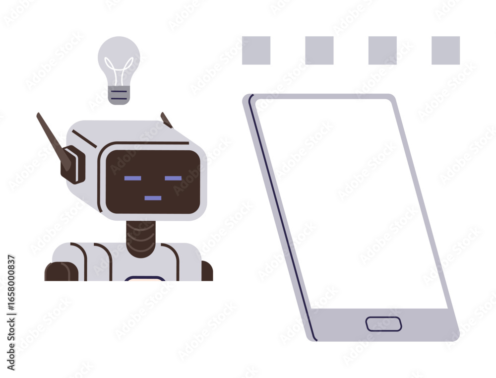 Poster robot head with lightbulb symbolizing ideas and innovation, smartphone emphasizing technology. ideal