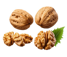 walnuts, whole and shelled, on white background.