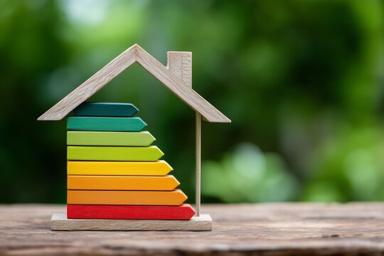 Colorful wooden energy efficiency scale representing eco-friendly practices in sustainable living and home improvement