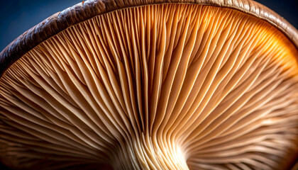 Detailed macro photography of the intricate pattern of a mushroom's gills, revealing the organic texture and natural beauty of fungi.