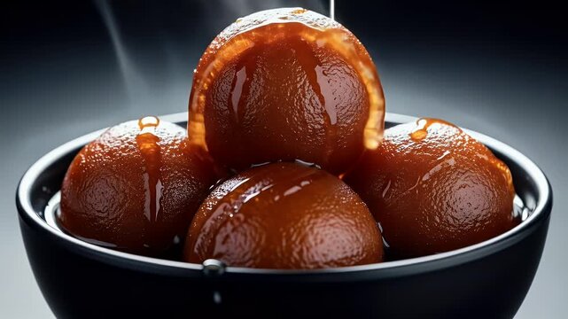 Delicious gulab jamun drizzled with sweet syrup in dark bowl