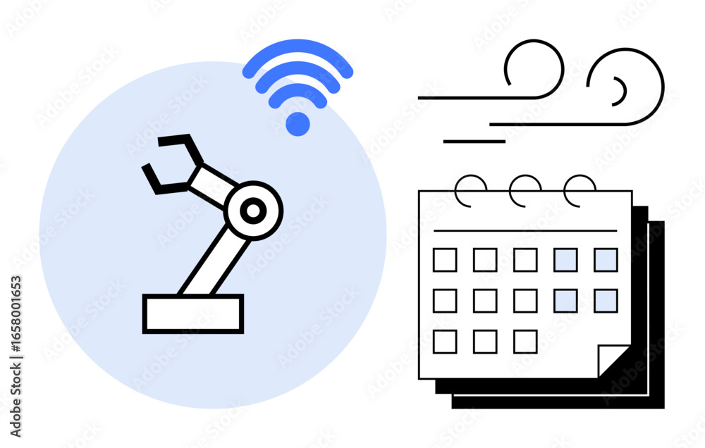 Poster robotic arm controlled remotely via wireless connectivity next to a calendar, symbolizing automation
