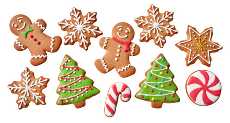 Christmas gingerbread cookies set with festive icing in various shapes isolated on transparent background