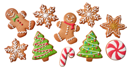Christmas gingerbread cookies set with festive icing in various shapes isolated on transparent background