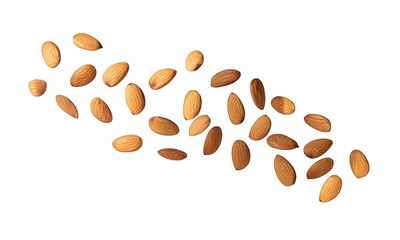 Obraz premium Scattered almonds, brown and tan, isolated on a solid black background in a cluster