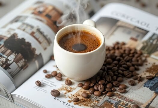White coffee mug with beans and steam on open book page