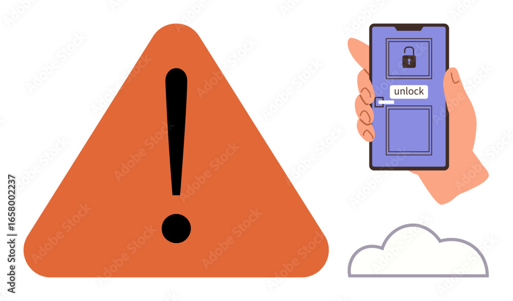 Poster orange warning sign with exclamation point alongside a hand holding a smartphone unlocking through a