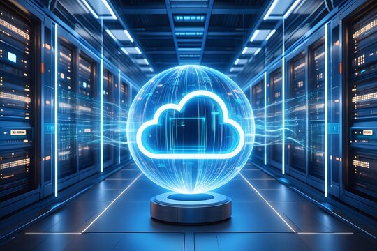 Cloud computing data center server room with glowing cloud icon for it infrastructure and hosting