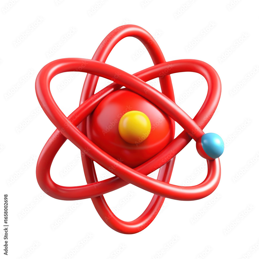 Poster 3d atomic model with red orbitals isolated on transparent background
