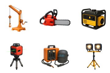 Collection of construction and diy tools including a chainsaw generator laser level and work lights on a black background