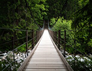 Wooden Suspension Bridge Crossing a Lush Green Forest with Rocky Riverbed Below.