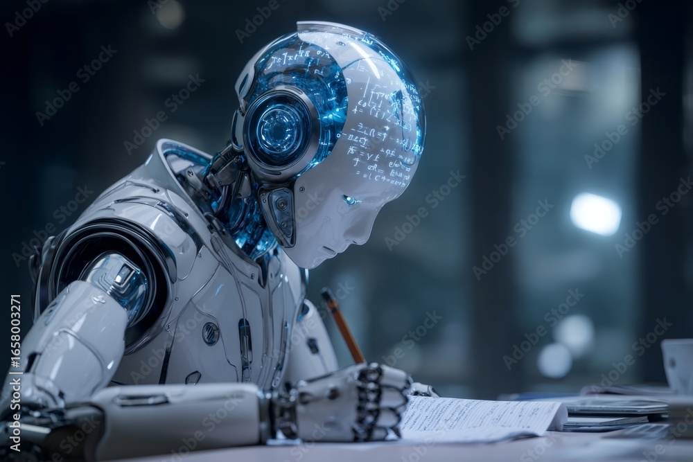Poster a humanoid robot is engaged in studying complex data and algorithms in a futuristic laboratory. brig