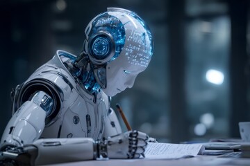 A humanoid robot is engaged in studying complex data and algorithms in a futuristic laboratory. Bright screens illuminate the workspace, highlighting technological advancement