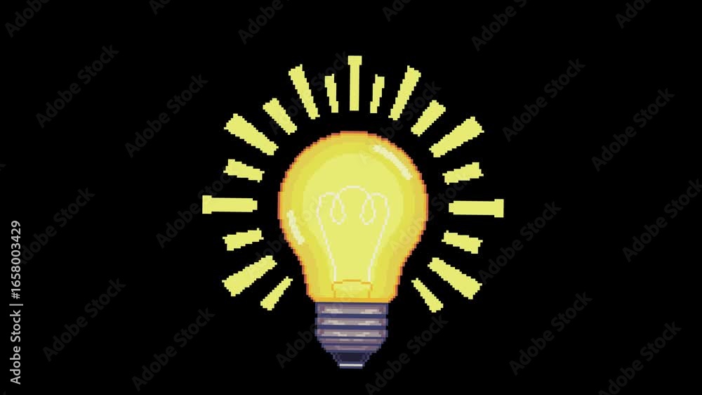 Poster pixel art animation of a glowing light bulb appearing and gently swaying with shining rays. retro 8 