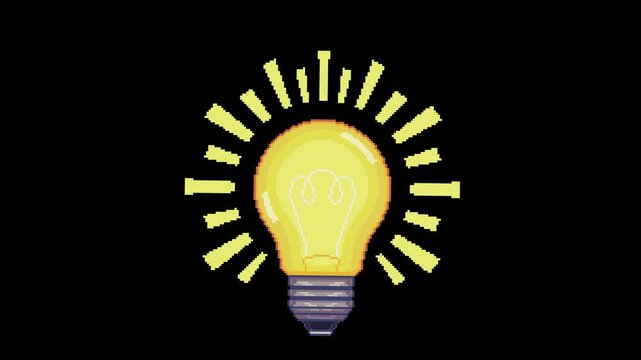 Pixel art animation of a glowing light bulb appearing and gently swaying with shining rays. Retro 8 bit style motion graphics for creative design and video projects.