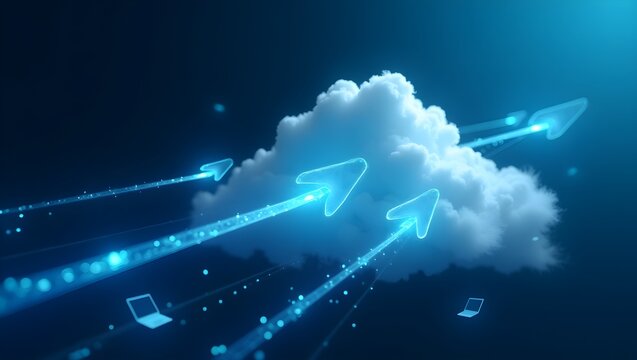 abstract blue background with arrows, blue sky and clouds, clouds in the sky, blue sky with clouds, A futuristic cloud computing illustration featuring,  - Powered by Adobe