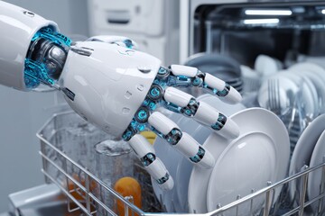 A robotic hand is carefully placing plates and glasses into a sleek dishwasher located in a minimalist kitchen. The scene showcases advanced technology at work, highlighting efficiency