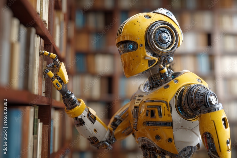 Poster a robot with a sleek yellow design is interacting with books on a wooden shelf in a contemporary lib