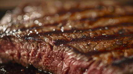 A close-up of a perfectly grilled medium-rare ribeye steak sizzling on the grill, showcasing mouthwatering details.