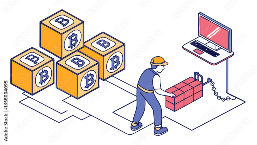 Poster bitcoin mining process illustration showing worker building blocks for cryptocurrency blockchain net