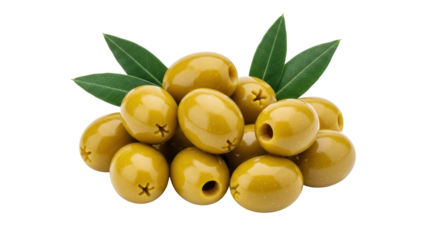 Isolated Pile of Green Olives with Leaves