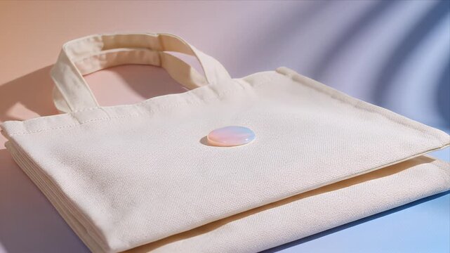 Eco-Friendly Canvas Tote Bag with Iridescent Opalite Stone on Pastel Gradient Background Minimalist Aesthetic Featuring Natural Light and Shadows for Sustainable