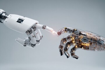 Robotic hand made of shiny materials reaches out to connect with a transparent mechanical hand emitting lights, illustrating innovation and harmony in technology