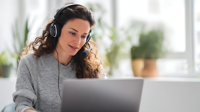 Woman with headphones using laptop for video conferencing online learning or customer service in bright modern setting - Powered by Adobe